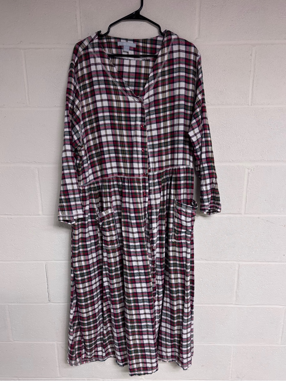Button-Front Flannel Plaid Dress in Burgundy and White